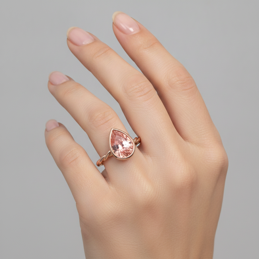 2,5 Karat natürlicher Pfirsich-Padparadscha-Saphir Solitärring mit Lünette im Tropfenschliff, 14 Karat Roségold