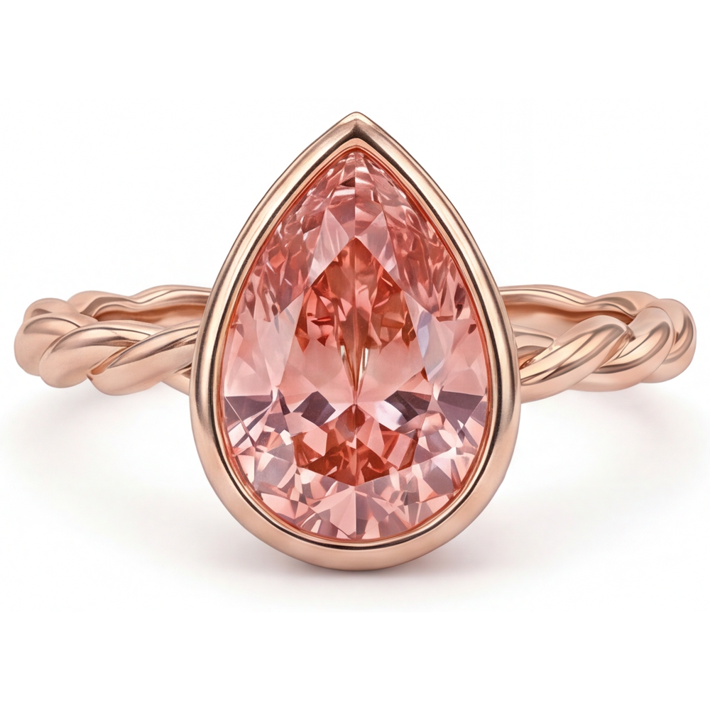 2,5 Karat natürlicher Pfirsich-Padparadscha-Saphir Solitärring mit Lünette im Tropfenschliff, 14 Karat Roségold