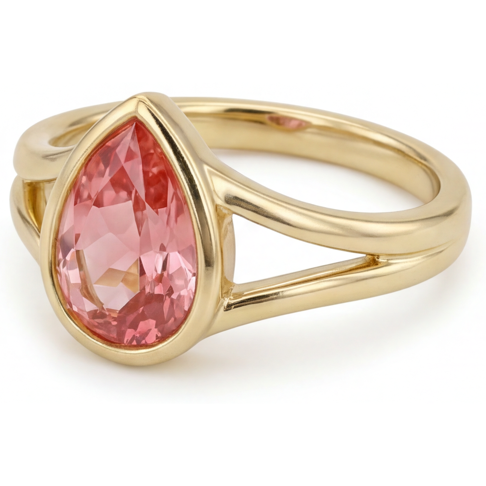 Pfirsichfarbener Padparadscha-Saphir, 2 Karat, echter Tropfenschliff, Solitärring mit Lünette, 14 Karat Gelbgold