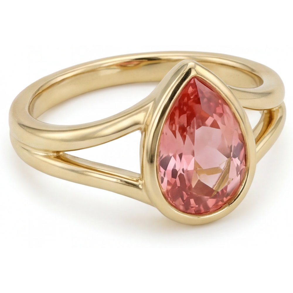 Pfirsichfarbener Padparadscha-Saphir, 2 Karat, echter Tropfenschliff, Solitärring mit Lünette, 14 Karat Gelbgold