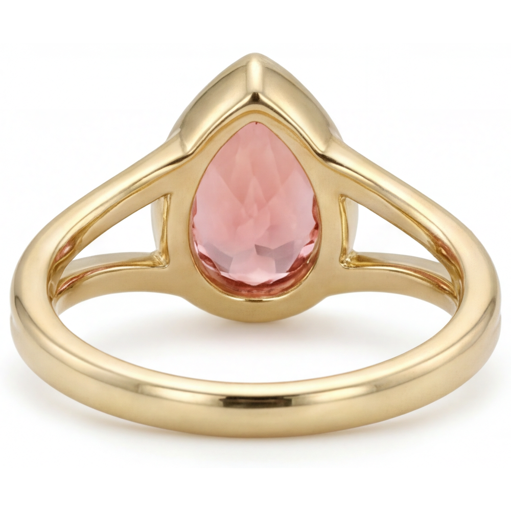 Pfirsichfarbener Padparadscha-Saphir, 2 Karat, echter Tropfenschliff, Solitärring mit Lünette, 14 Karat Gelbgold
