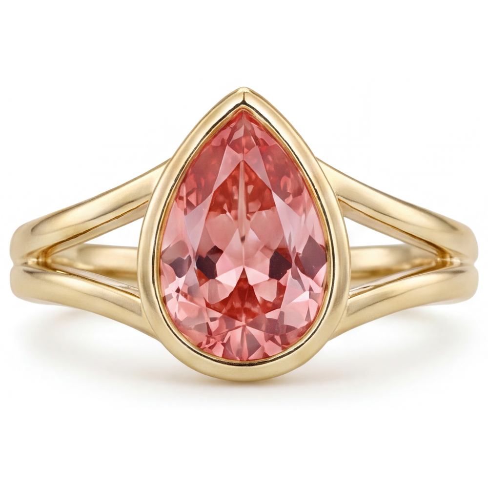 Pfirsichfarbener Padparadscha-Saphir, 2 Karat, echter Tropfenschliff, Solitärring mit Lünette, 14 Karat Gelbgold