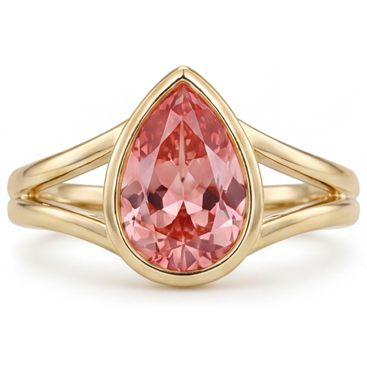 Pfirsichfarbener Padparadscha-Saphir, 2 Karat, echter Tropfenschliff, Solitärring mit Lünette, 14 Karat Gelbgold