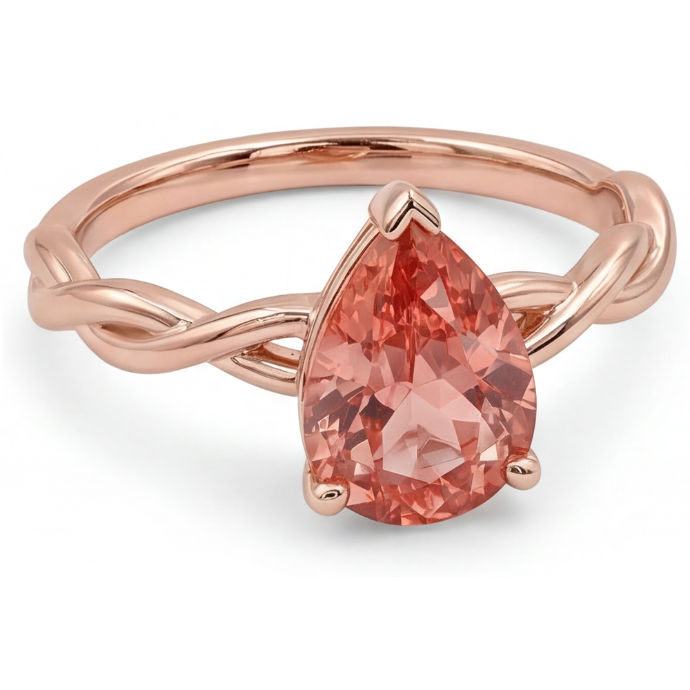 Solitärring mit echtem pfirsichrosa Padparadscha-Saphir im Tropfenschliff, 2 Karat, 14 Karat Roségold