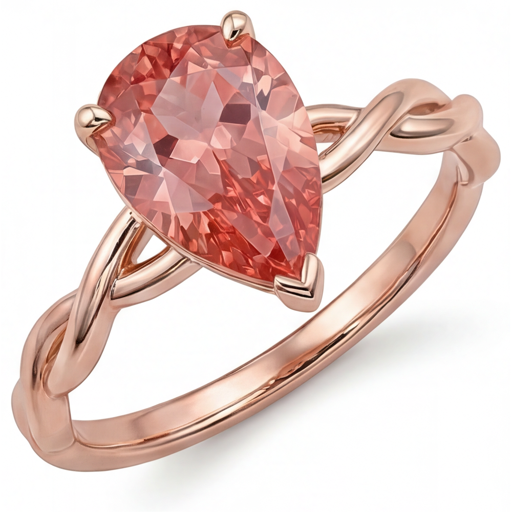 Solitärring mit echtem pfirsichrosa Padparadscha-Saphir im Tropfenschliff, 2 Karat, 14 Karat Roségold