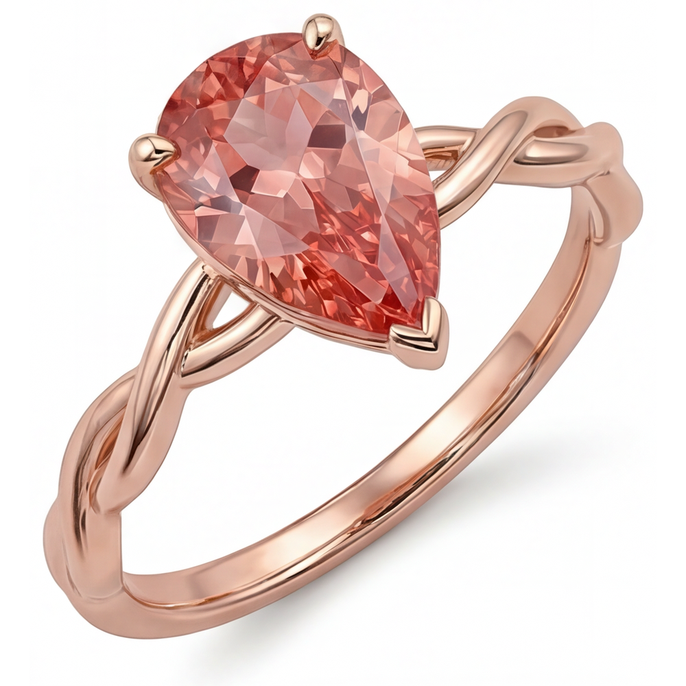 Solitärring mit echtem pfirsichrosa Padparadscha-Saphir im Tropfenschliff, 2 Karat, 14 Karat Roségold