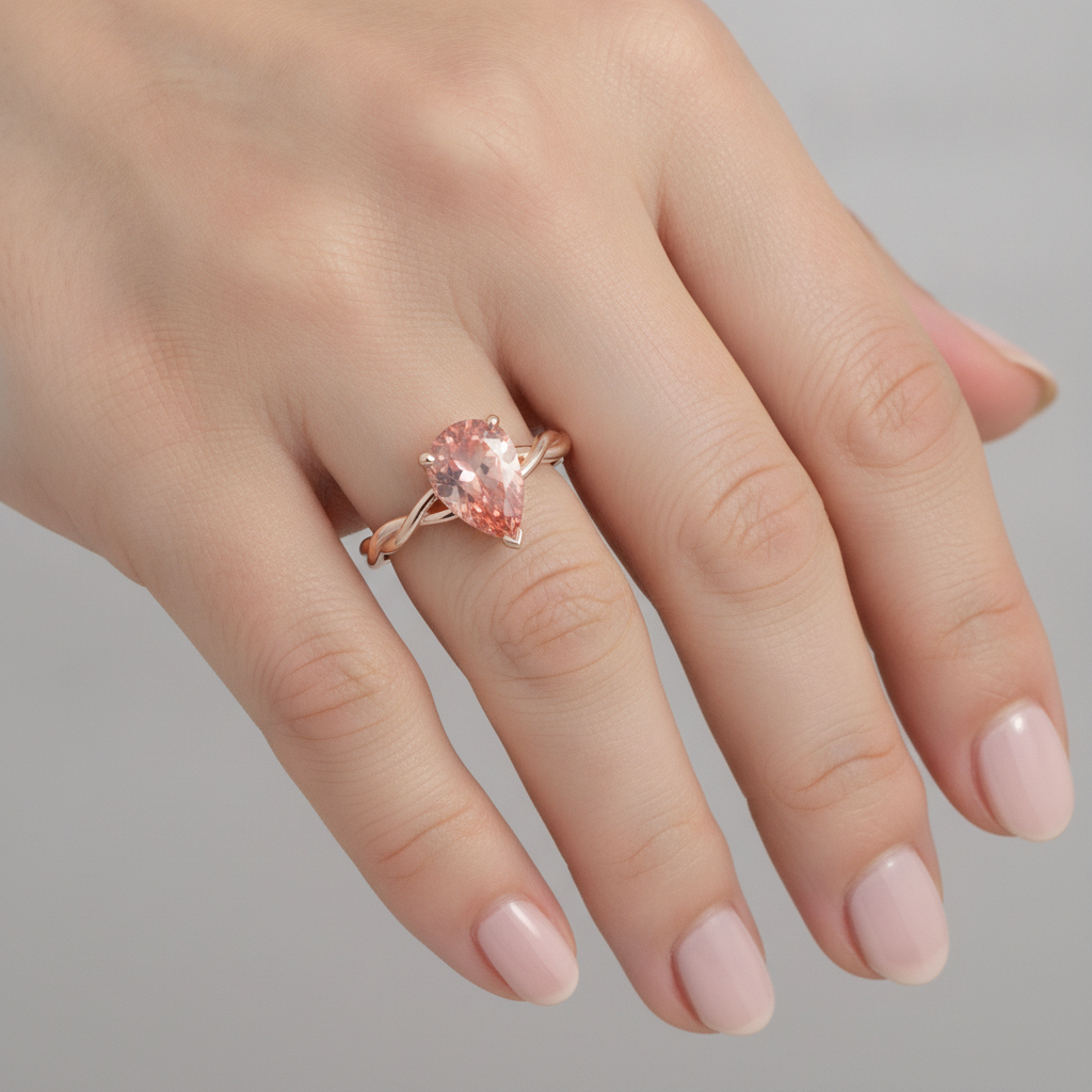 Solitärring mit echtem pfirsichrosa Padparadscha-Saphir im Tropfenschliff, 2 Karat, 14 Karat Roségold