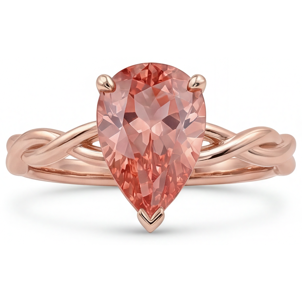 Solitärring mit echtem pfirsichrosa Padparadscha-Saphir im Tropfenschliff, 2 Karat, 14 Karat Roségold