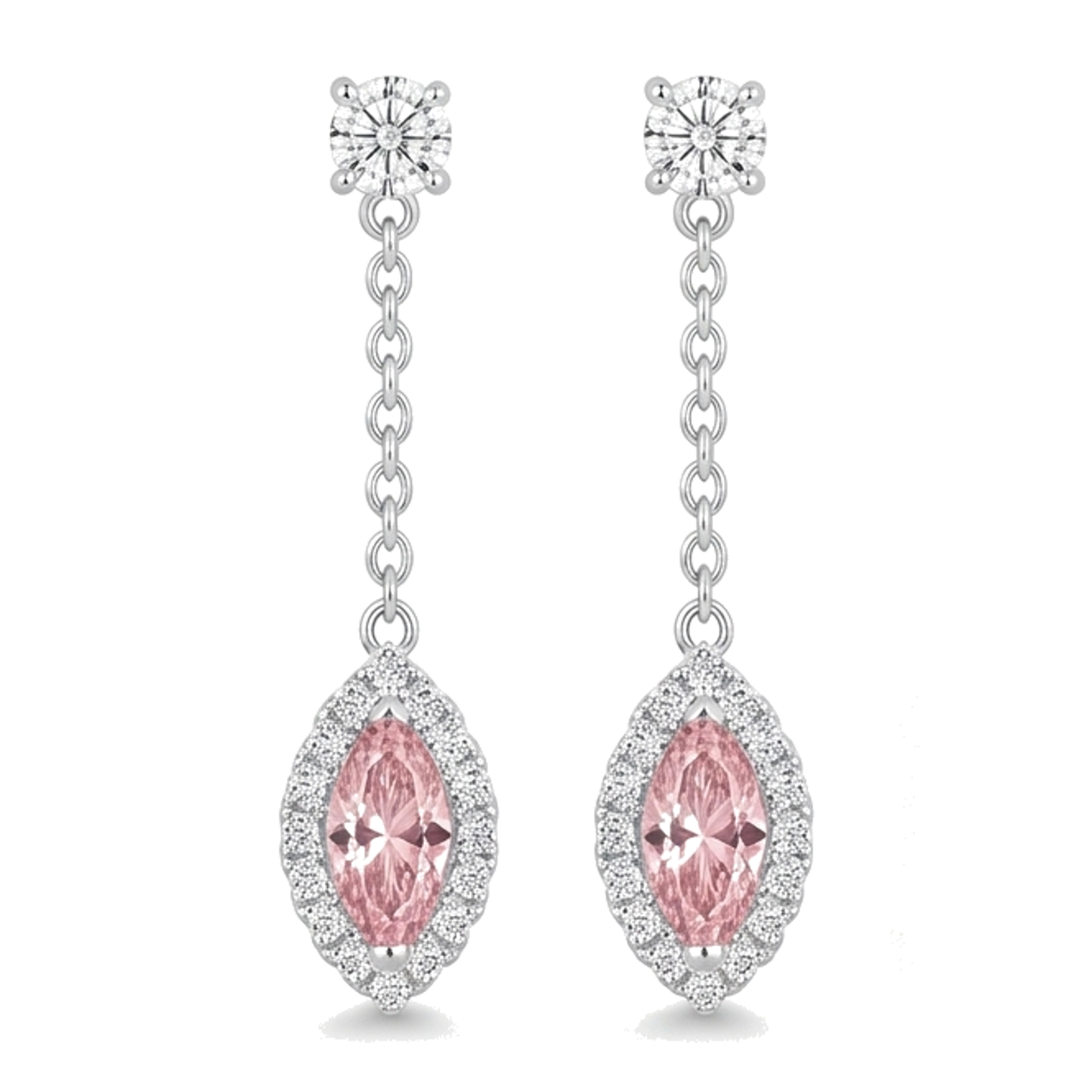 Lange Ohrhänger mit rosa Diamanten, 2,5 Karat, im Labor gezüchtet, Marquise Halo, 14 Karat Weißgold