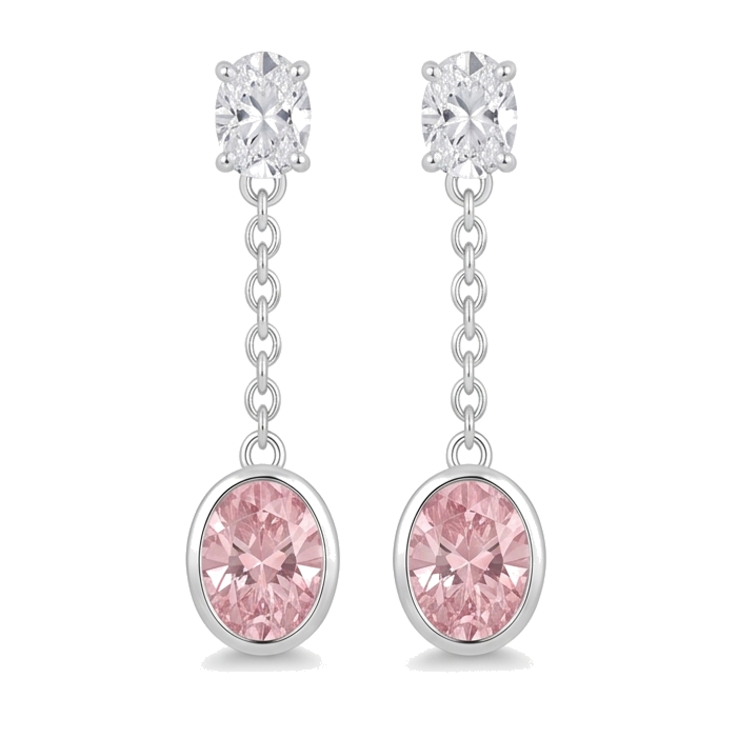Lange Tropfenohrringe mit im Labor gezüchteten rosa Diamanten, 2,5 Karat, oval, Lünette, 14 Karat Weißgold