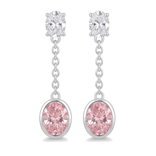 Lange Tropfenohrringe mit im Labor gezüchteten rosa Diamanten, 2,5 Karat, oval, Lünette, 14 Karat Weißgold