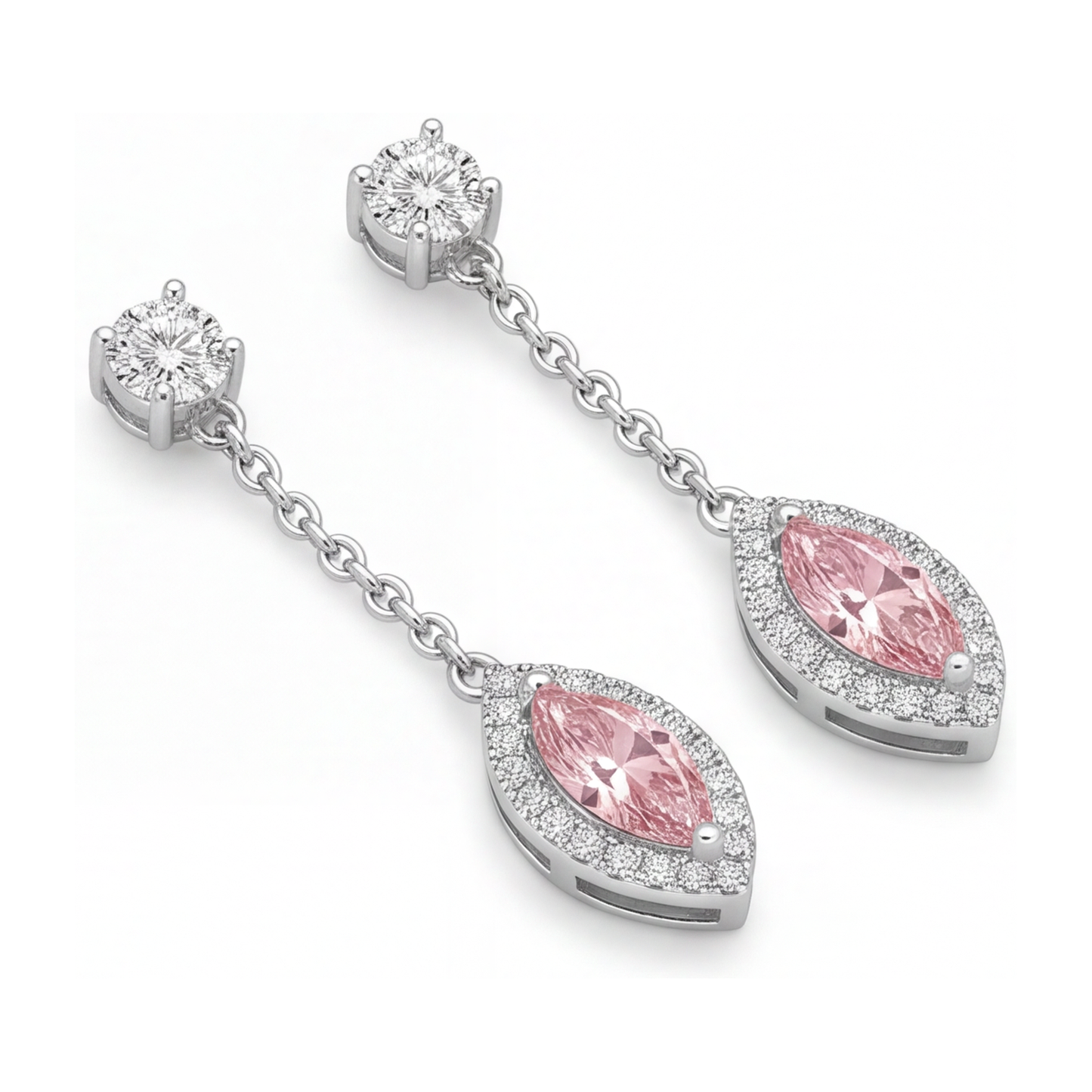 Lange Ohrhänger mit rosa Diamanten, 2,5 Karat, im Labor gezüchtet, Marquise Halo, 14 Karat Weißgold