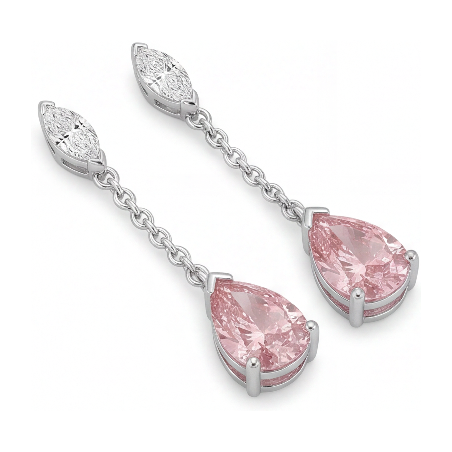 Lange Ohrhänger mit im Labor gezüchteten rosa Diamanten im Tropfenschliff, 2,5 Karat, 14 Karat Weißgold