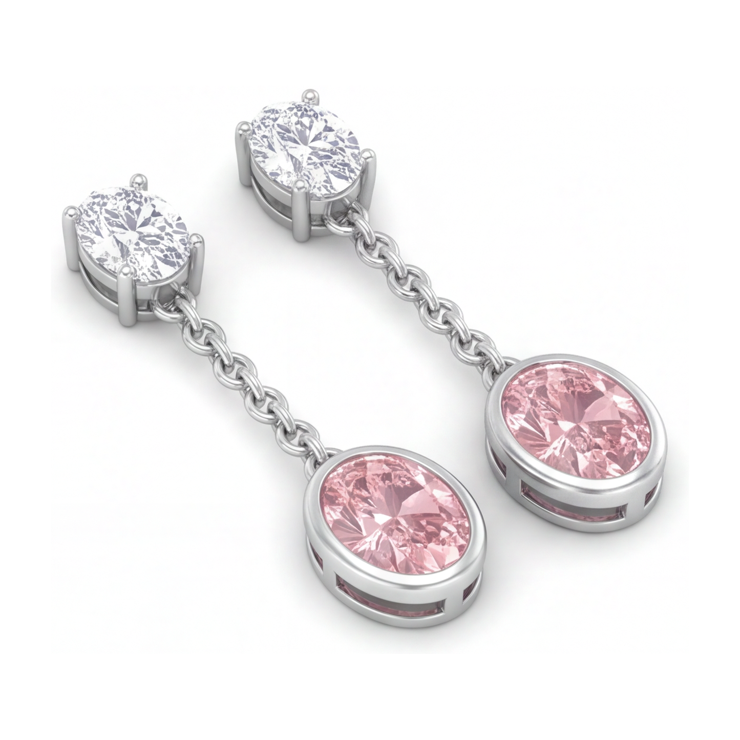 Lange Tropfenohrringe mit im Labor gezüchteten rosa Diamanten, 2,5 Karat, oval, Lünette, 14 Karat Weißgold