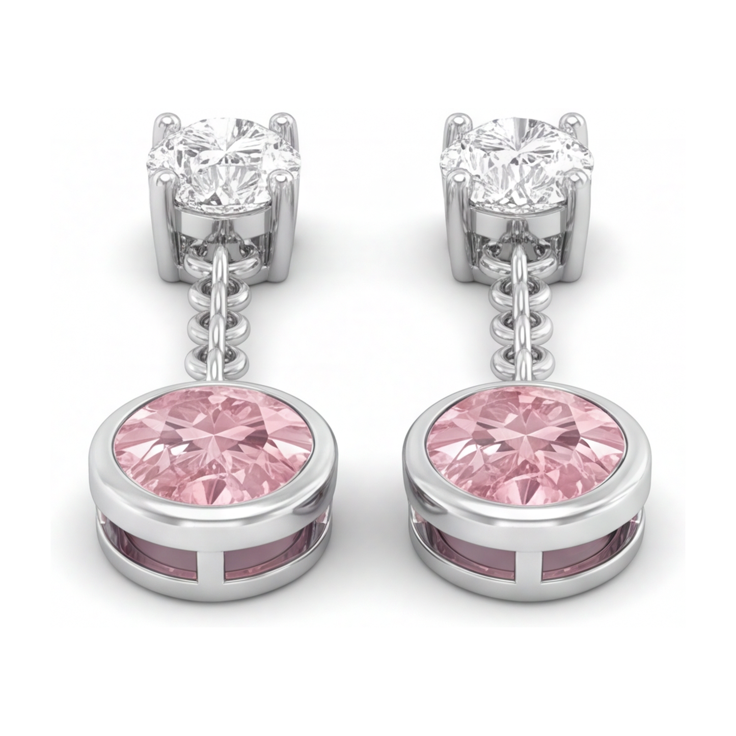 Lange Tropfenohrringe mit im Labor gezüchteten rosa Diamanten, 2,5 Karat, oval, Lünette, 14 Karat Weißgold