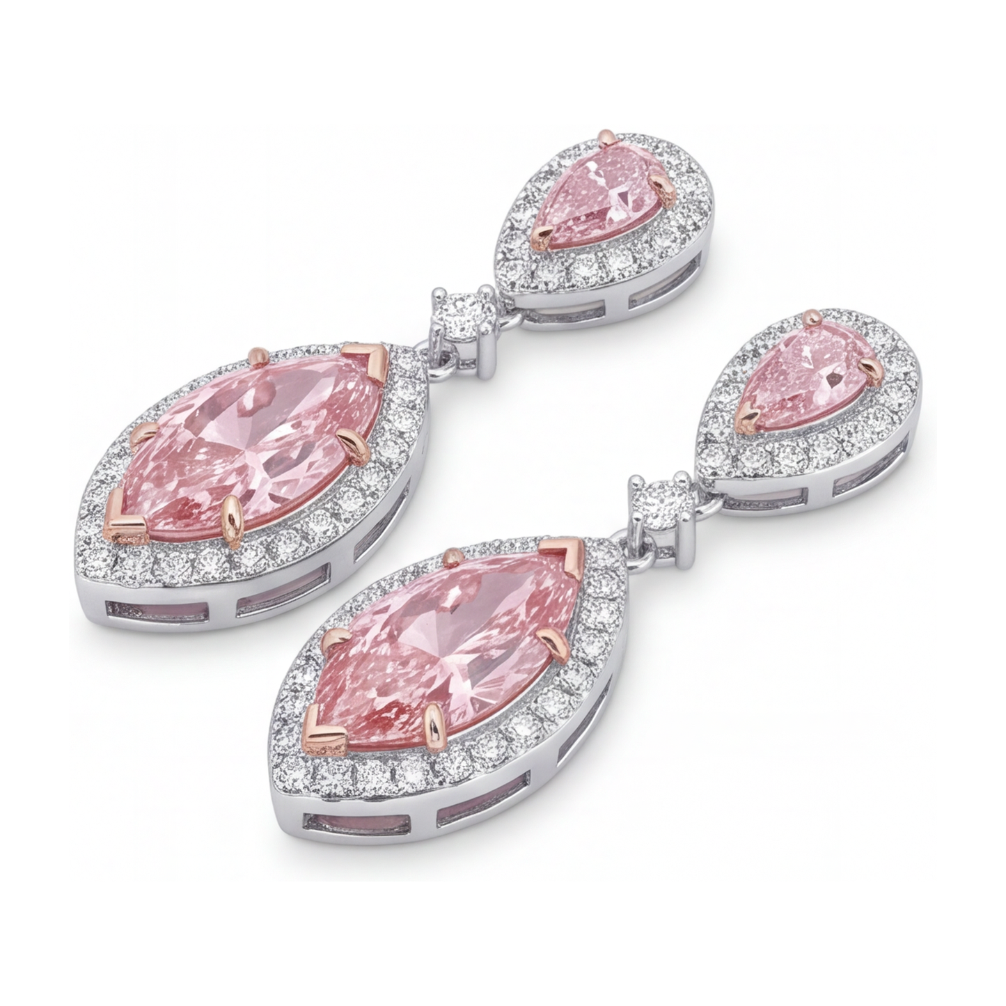 Tropfenohrringe mit rosa Diamanten 3,5 Karat im Labor gezüchtet Marquise Halo 14 Karat Weißgold