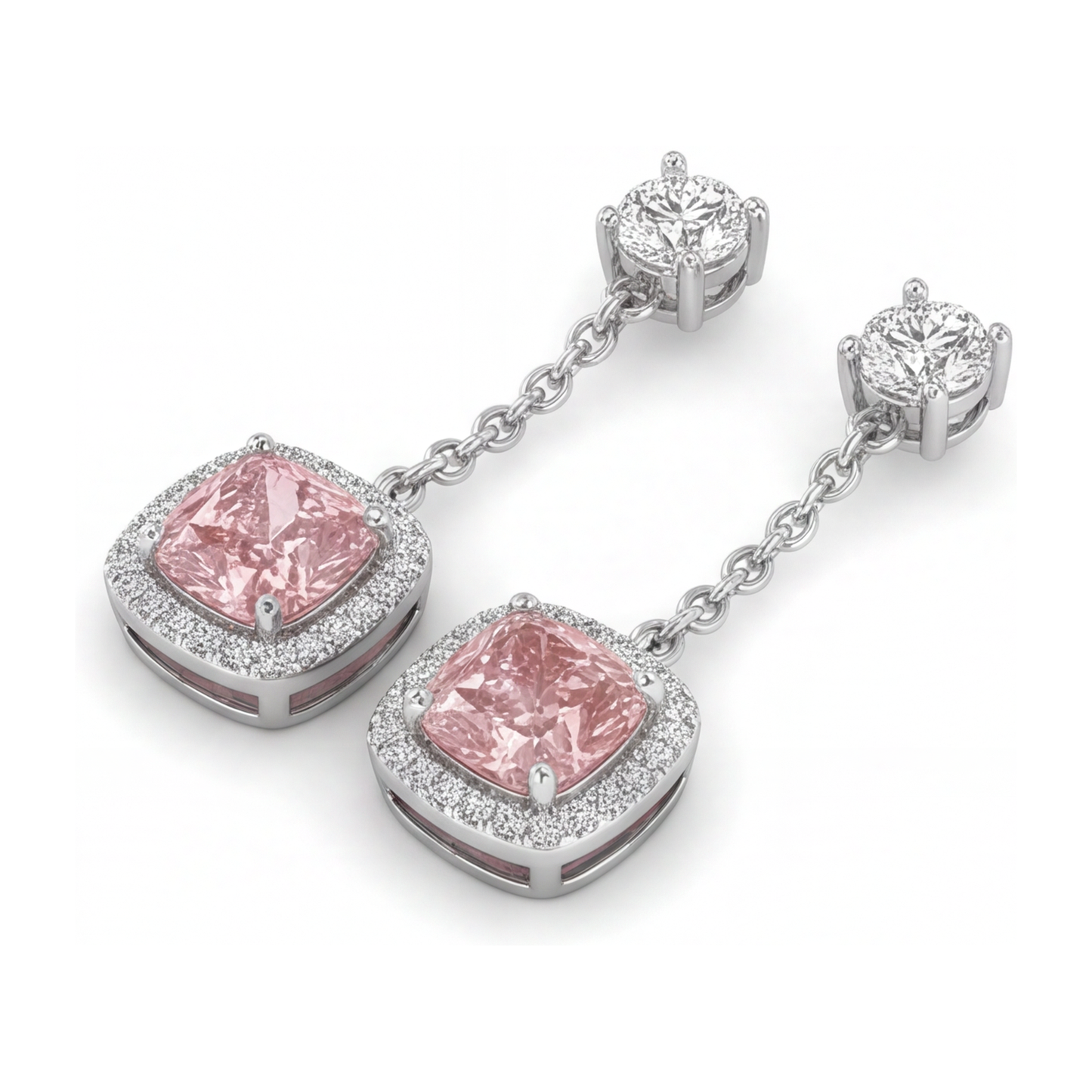 Tropfen-Ohrhänger mit rosa Diamanten, 3 Karat, im Labor gezüchtet, Kissen-Halo, 14 Karat Weißgold