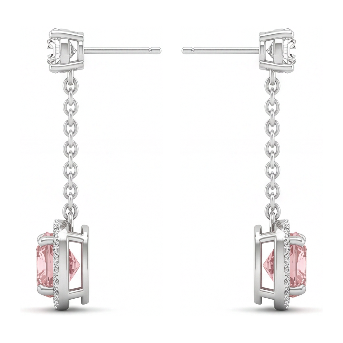 Tropfen-Ohrhänger mit rosa Diamanten, 3 Karat, im Labor gezüchtet, Kissen-Halo, 14 Karat Weißgold