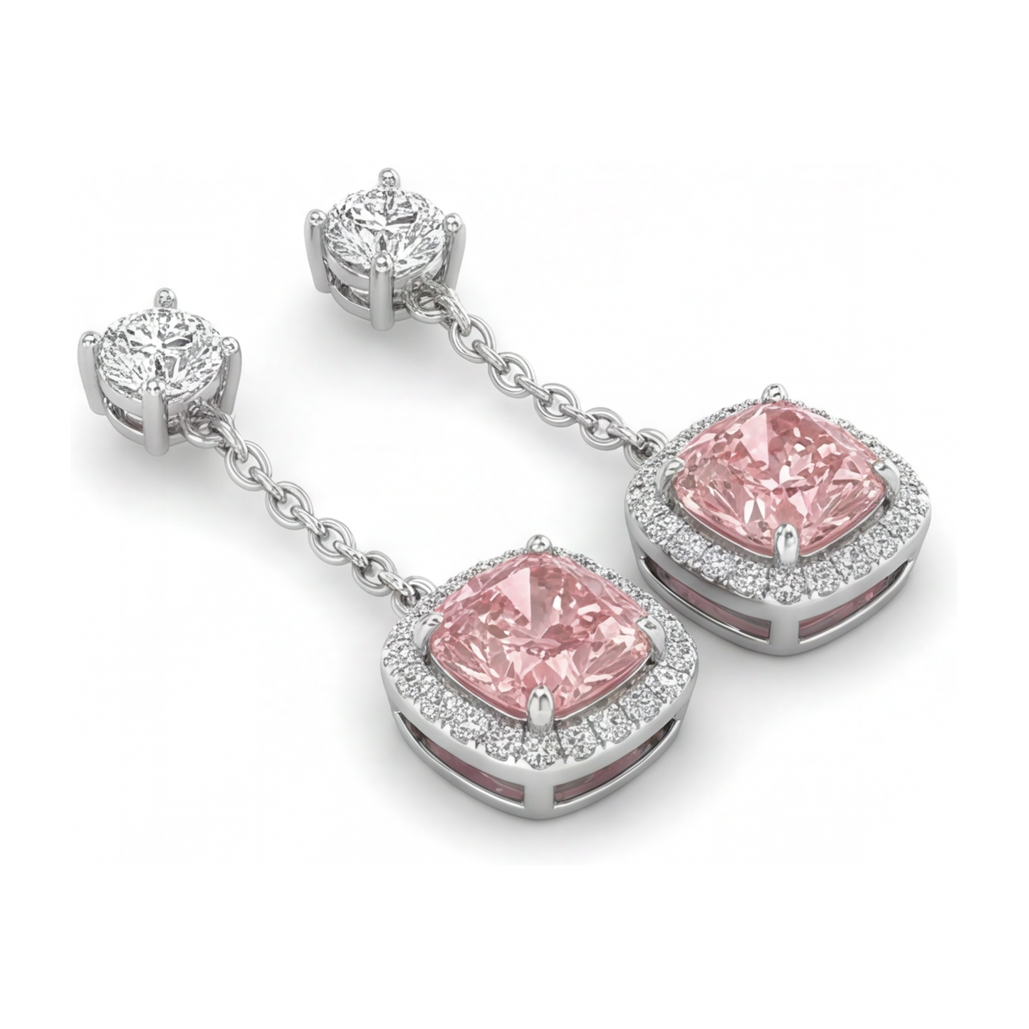 Tropfen-Ohrhänger mit rosa Diamanten, 3 Karat, im Labor gezüchtet, Kissen-Halo, 14 Karat Weißgold