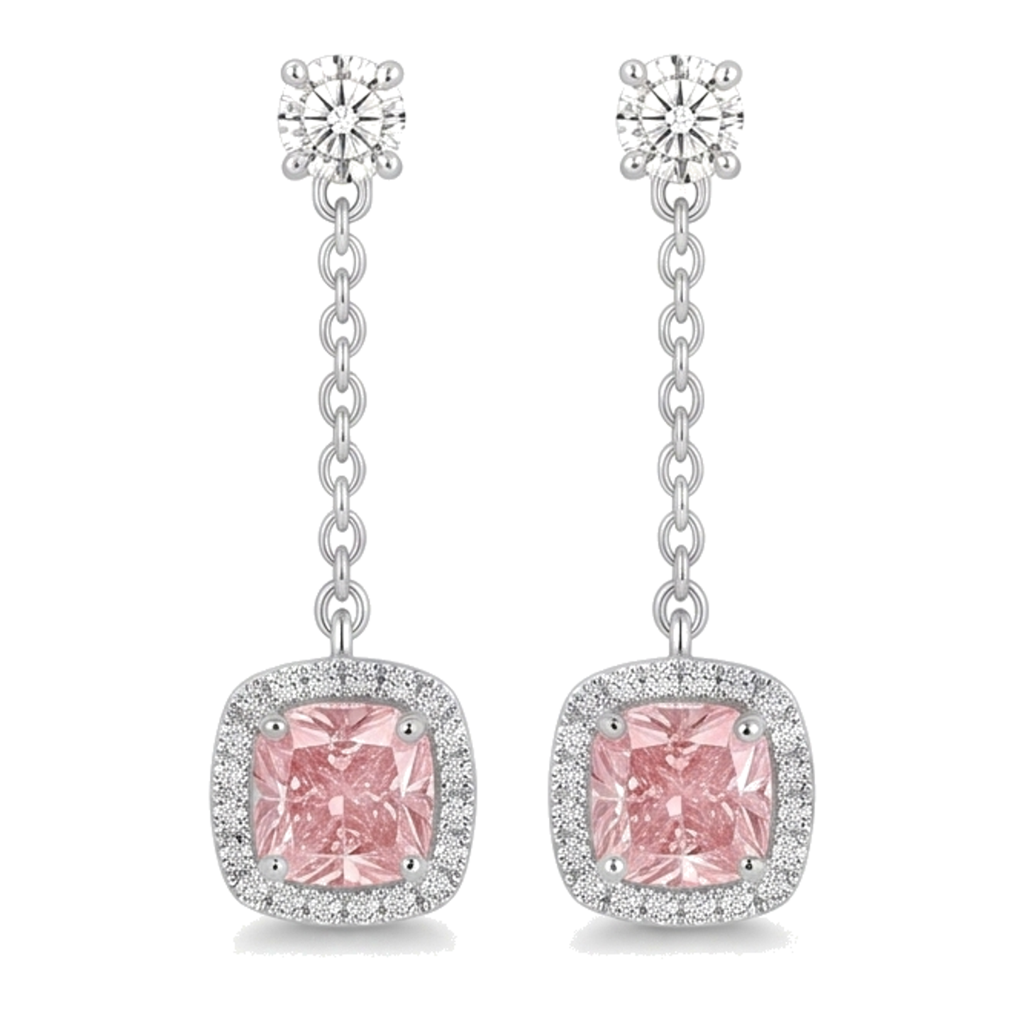 Tropfen-Ohrhänger mit rosa Diamanten, 3 Karat, im Labor gezüchtet, Kissen-Halo, 14 Karat Weißgold