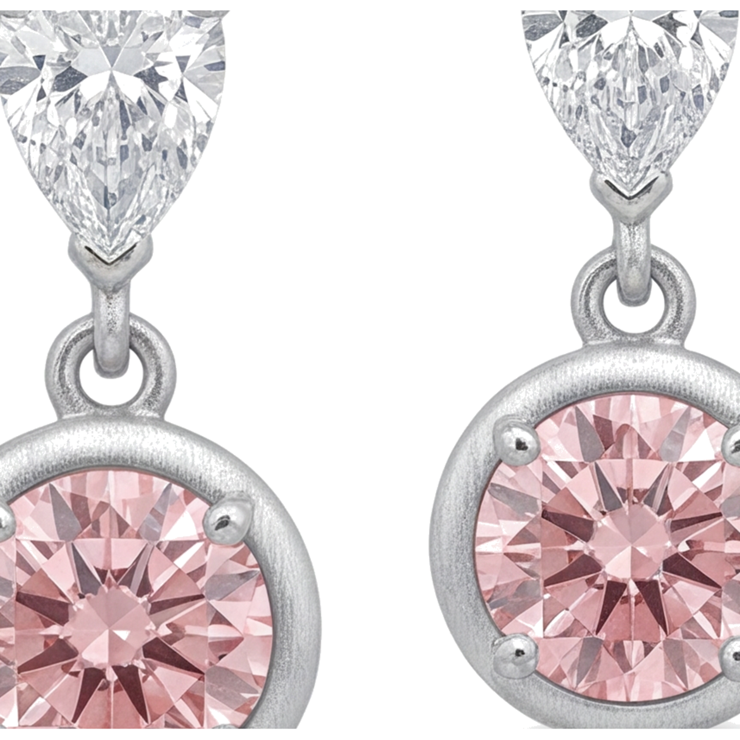 Rosa Diamant Ohrhänger 3 Karat im Labor gezüchtet, runde Lünette, Tropfen-Oberteile, 14 Karat Weißgold