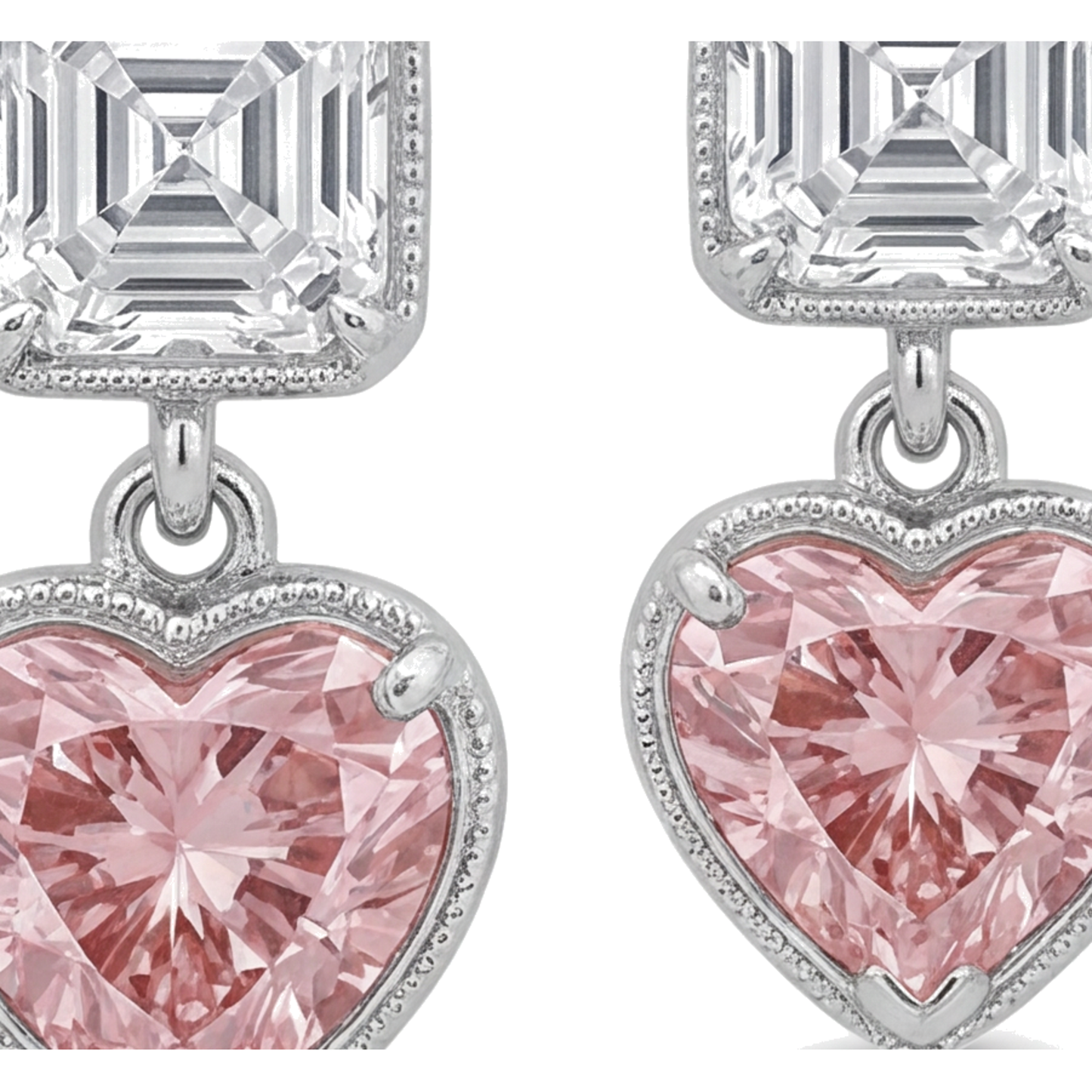Rosa Diamant-Ohrhänger, 4,5 Karat, im Labor gezüchtet, Herzschliff, Milgrain, Asscher-Oberteile, 14 Karat Weißgold