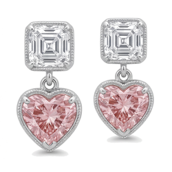 Rosa Diamant-Ohrhänger, 4,5 Karat, im Labor gezüchtet, Herzschliff, Milgrain, Asscher-Oberteile, 14 Karat Weißgold
