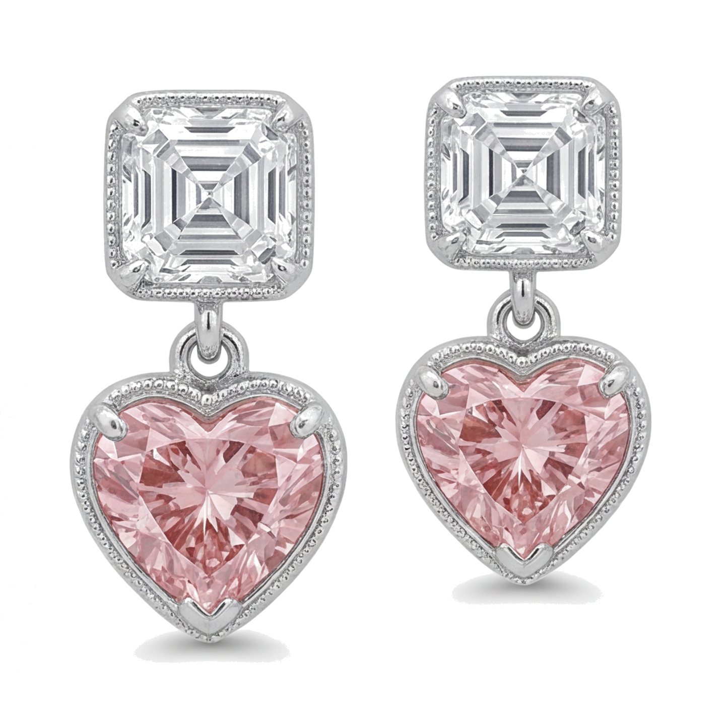 Rosa Diamant-Ohrhänger, 4,5 Karat, im Labor gezüchtet, Herzschliff, Milgrain, Asscher-Oberteile, 14 Karat Weißgold