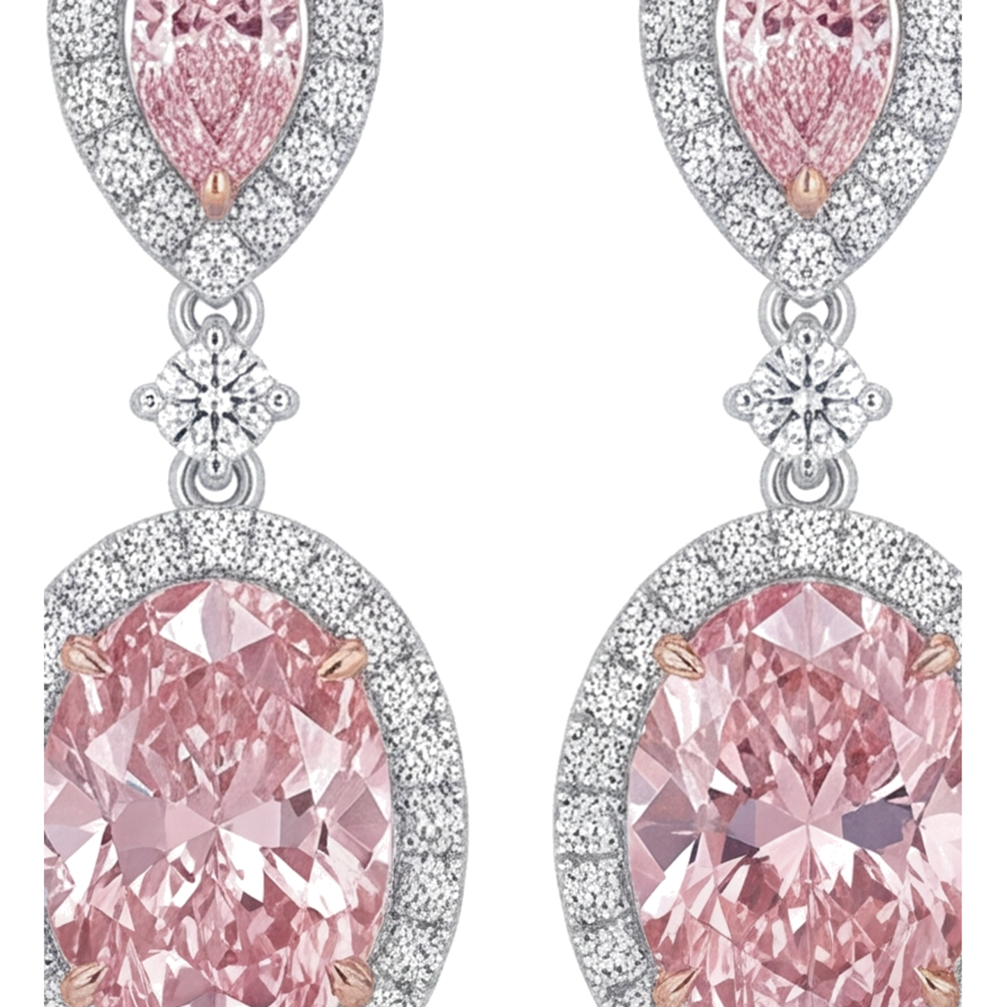 Ohrhänger mit rosa Diamanten, 4,5 Karat, im Labor gezüchtet, Oval Halo, birnenförmiges Oberteil, 14 Karat Weißgold