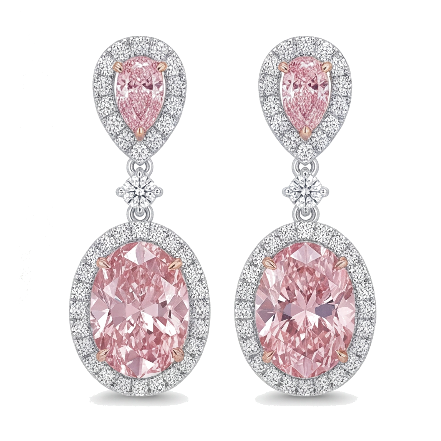 Ohrhänger mit rosa Diamanten, 4,5 Karat, im Labor gezüchtet, Oval Halo, birnenförmiges Oberteil, 14 Karat Weißgold