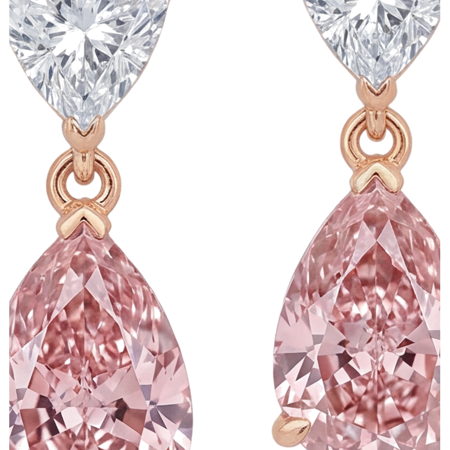 Ohrhänger mit rosa Diamanten, 4,5 Karat, im Labor gezüchtet, Tropfenschliff mit Trillant-Oberteil, 14 Karat Roségold und Weißgold, Bicolor