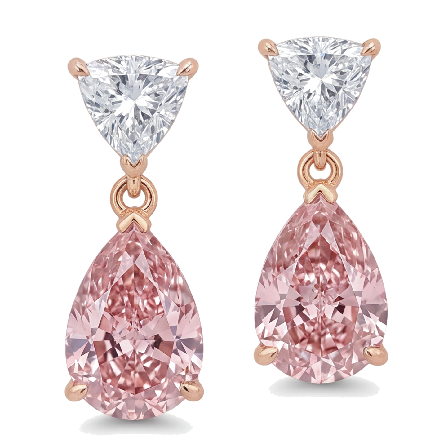 Ohrhänger mit rosa Diamanten, 4,5 Karat, im Labor gezüchtet, Tropfenschliff mit Trillant-Oberteil, 14 Karat Roségold und Weißgold, Bicolor