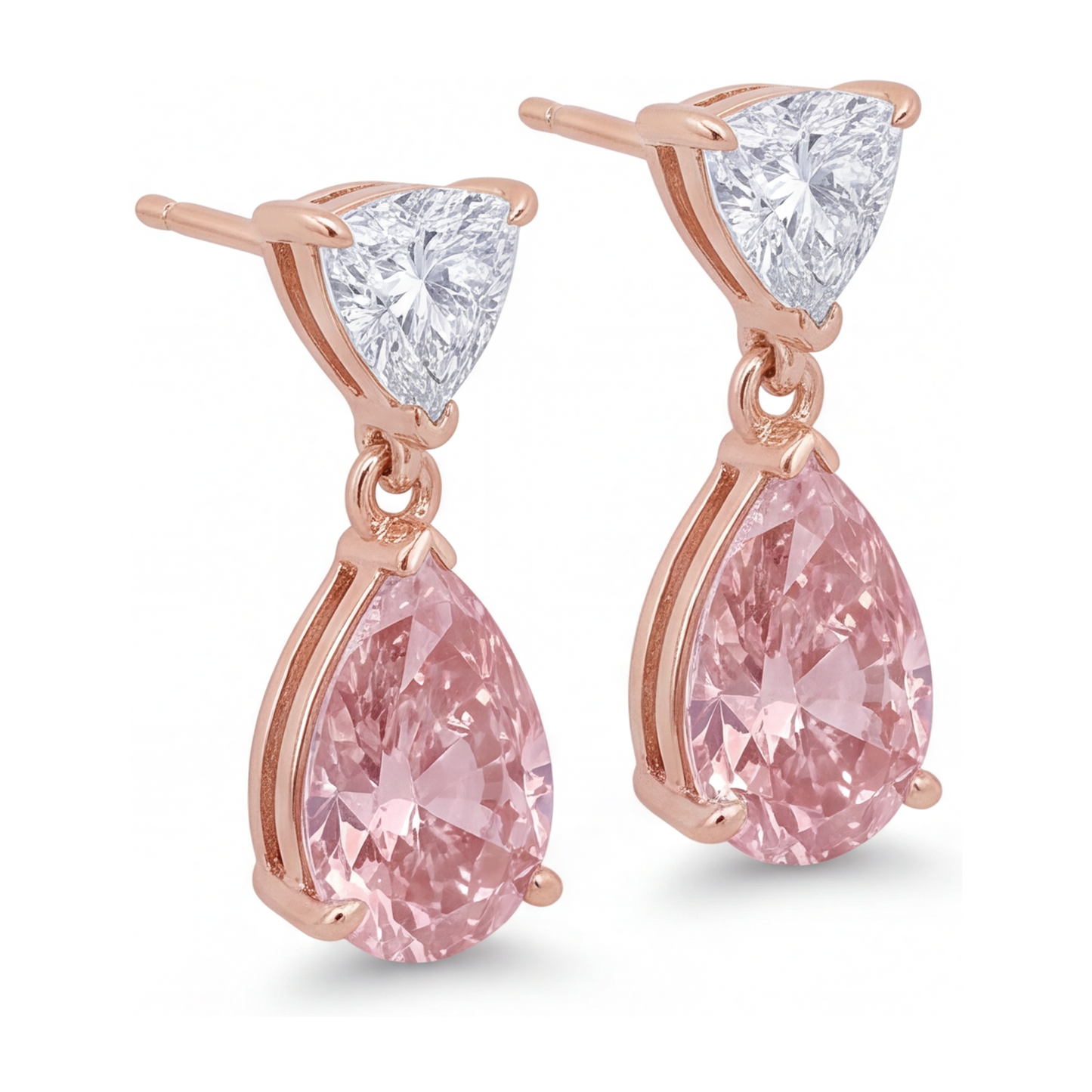 Ohrhänger mit rosa Diamanten, 4,5 Karat, im Labor gezüchtet, Tropfenschliff mit Trillant-Oberteil, 14 Karat Roségold und Weißgold, Bicolor