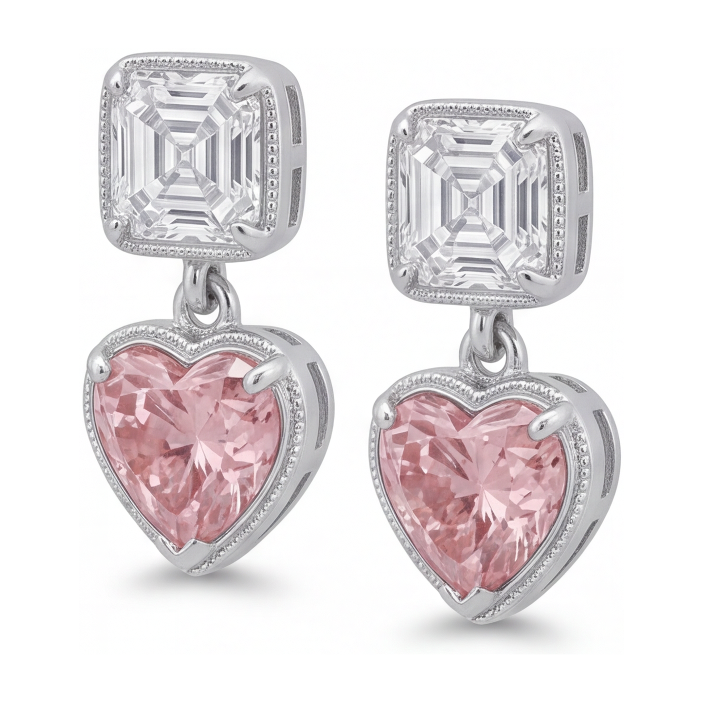 Rosa Diamant-Ohrhänger, 4,5 Karat, im Labor gezüchtet, Herzschliff, Milgrain, Asscher-Oberteile, 14 Karat Weißgold