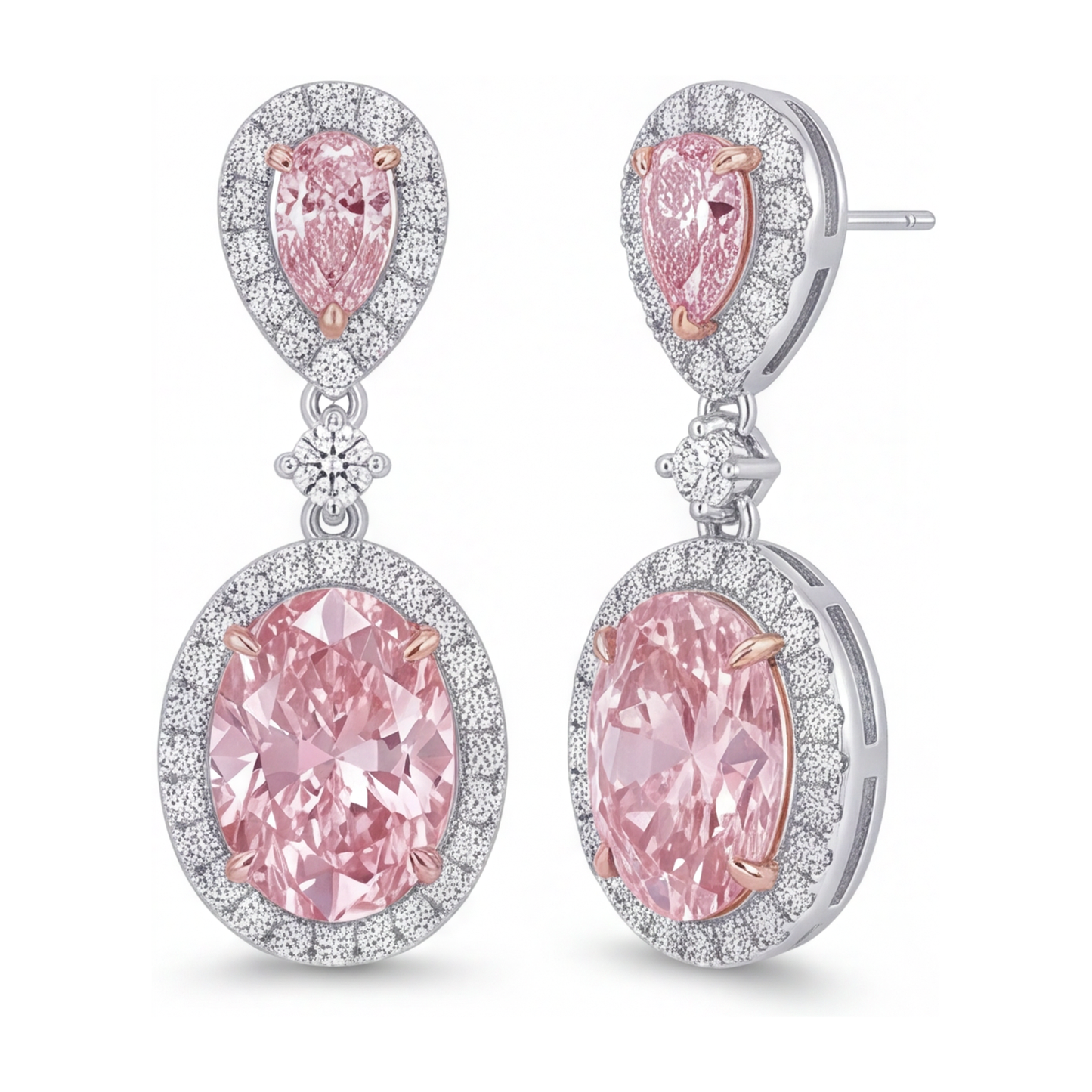Ohrhänger mit rosa Diamanten, 4,5 Karat, im Labor gezüchtet, Oval Halo, birnenförmiges Oberteil, 14 Karat Weißgold