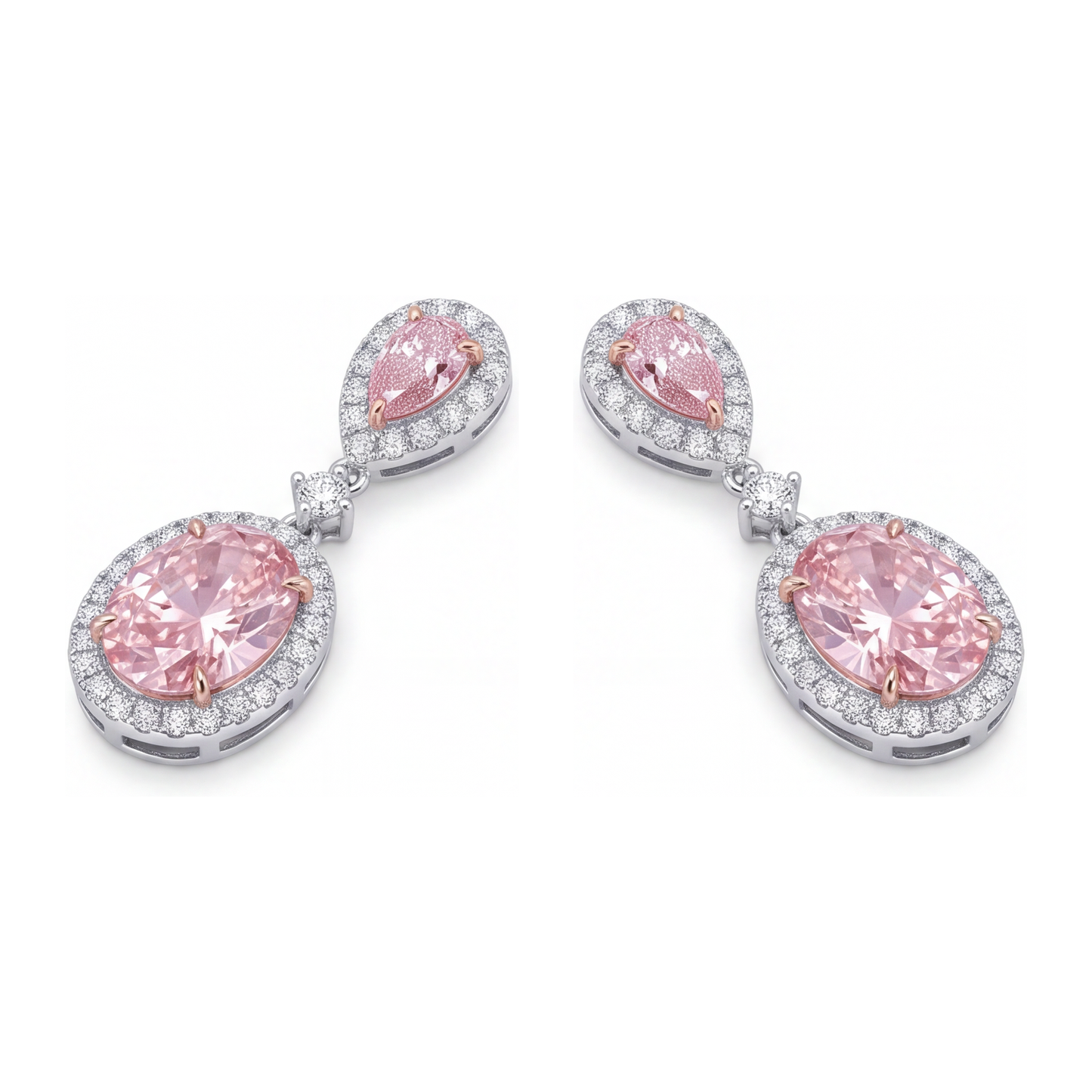 Ohrhänger mit rosa Diamanten, 4,5 Karat, im Labor gezüchtet, Oval Halo, birnenförmiges Oberteil, 14 Karat Weißgold