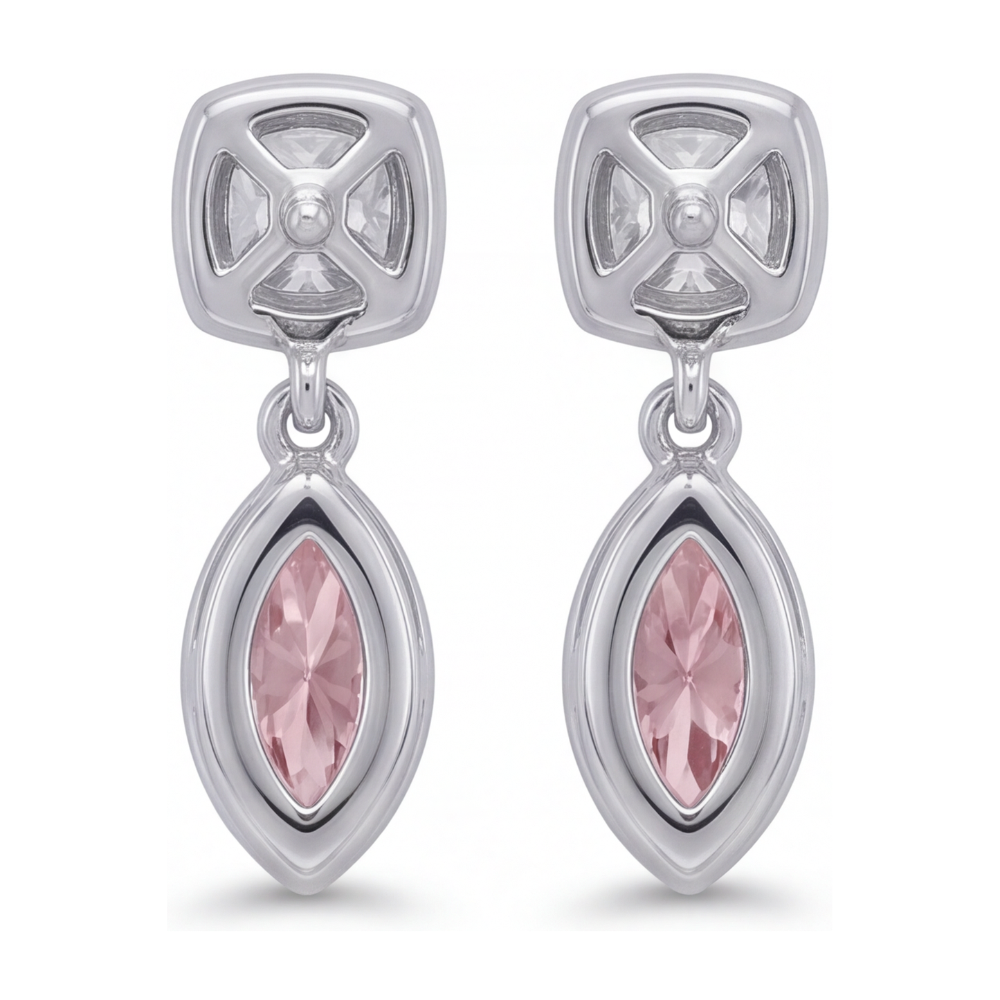 Ohrhänger mit rosa Diamanten, 4 Karat, im Labor gezüchtet, Marquise-Lünette, Kissen-Oberteile, 14 Karat Weißgold