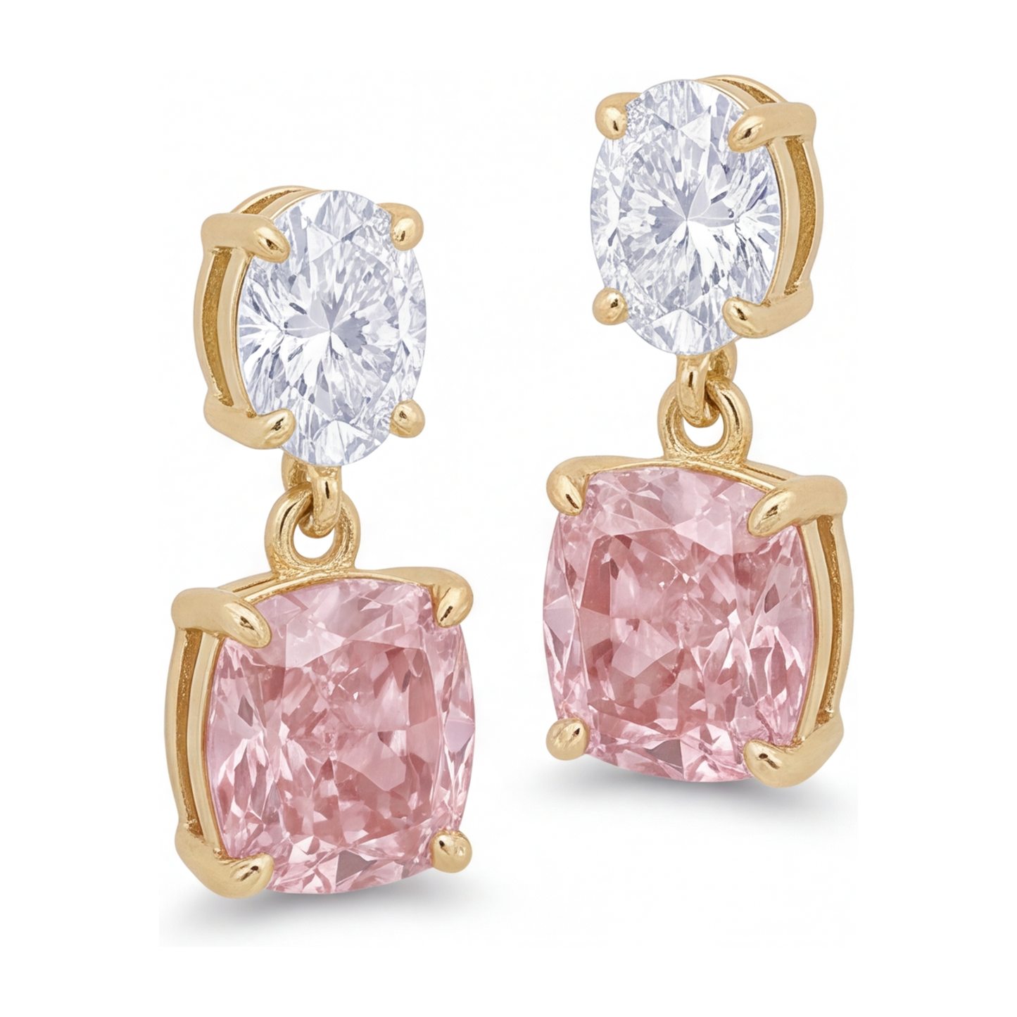 Ohrhänger mit rosa Diamanten, 4 Karat, im Labor gezüchtet, Kissen- und Ovalschliff, 14 Karat Gelbgold