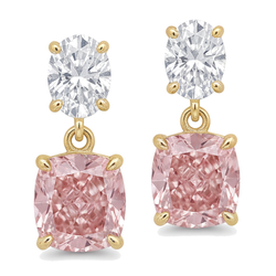 Ohrhänger mit rosa Diamanten, 4 Karat, im Labor gezüchtet, Kissen- und Ovalschliff, 14 Karat Gelbgold