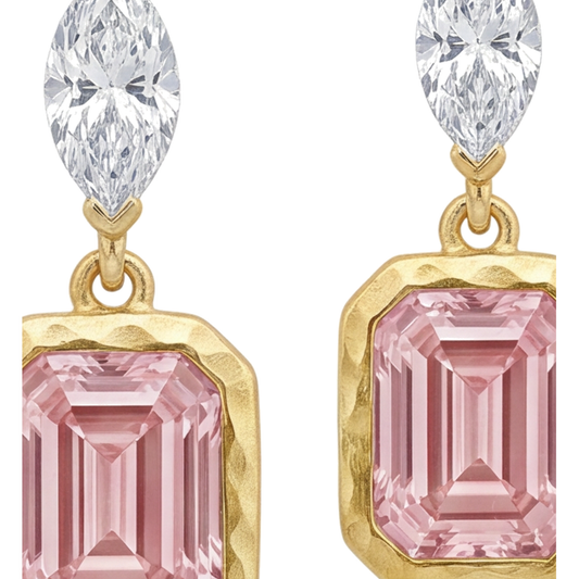 Rosa Diamant-Tropfenohrringe 4 Karat im Labor gezüchtet Smaragdschliff Lünette Marquise-Oberteile 14 Karat Gelbgold