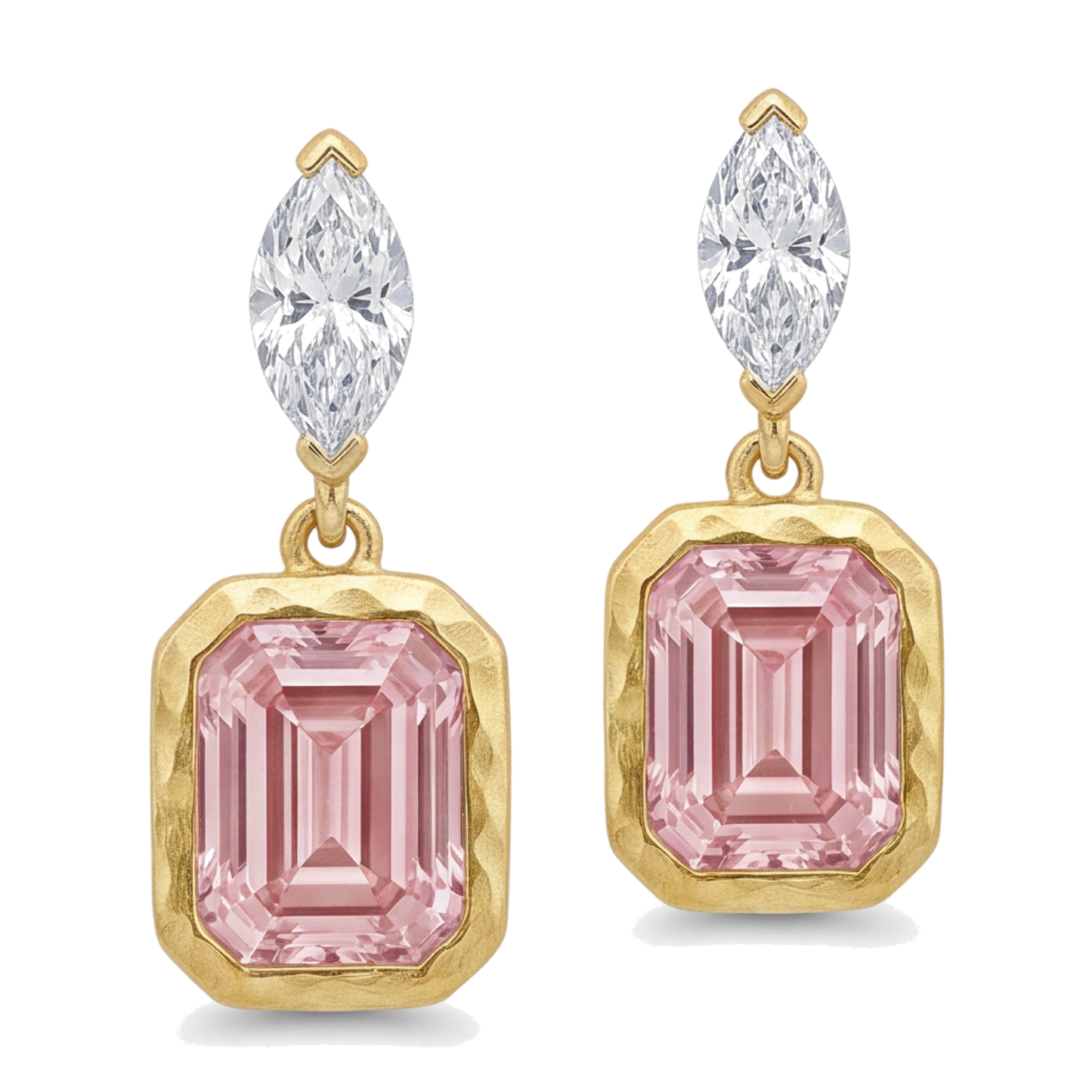 Rosa Diamant-Tropfenohrringe 4 Karat im Labor gezüchtet Smaragdschliff Lünette Marquise-Oberteile 14 Karat Gelbgold
