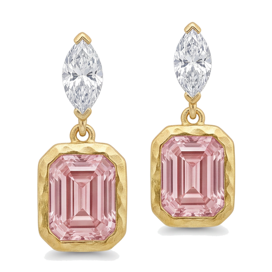 Rosa Diamant-Tropfenohrringe 4 Karat im Labor gezüchtet Smaragdschliff Lünette Marquise-Oberteile 14 Karat Gelbgold