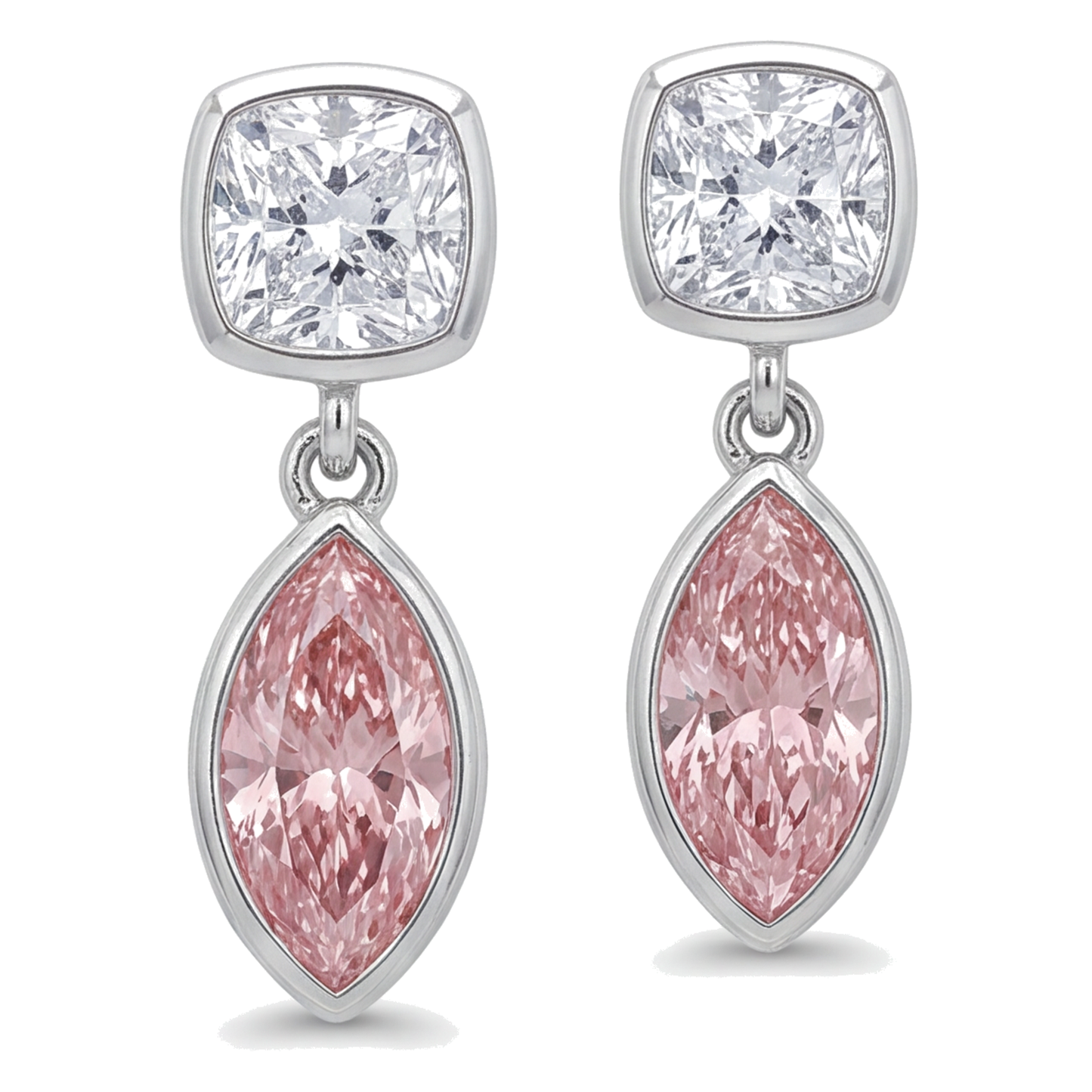 Ohrhänger mit rosa Diamanten, 4 Karat, im Labor gezüchtet, Marquise-Lünette, Kissen-Oberteile, 14 Karat Weißgold