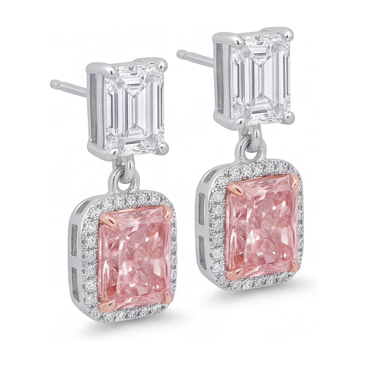 Ohrhänger mit rosa Diamanten, 5 Karat, im Labor gezüchtet, Radiantschliff-Halo, Smaragdschliff-Oberteile, 14 Karat Weißgold