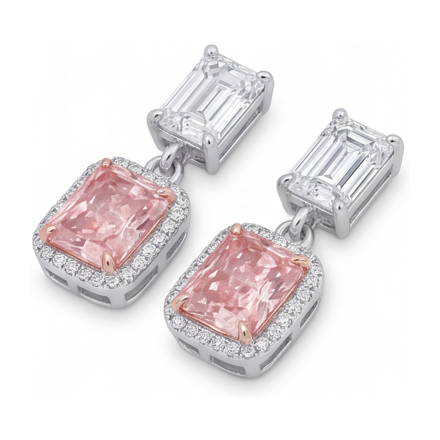 Ohrhänger mit rosa Diamanten, 5 Karat, im Labor gezüchtet, Radiantschliff-Halo, Smaragdschliff-Oberteile, 14 Karat Weißgold