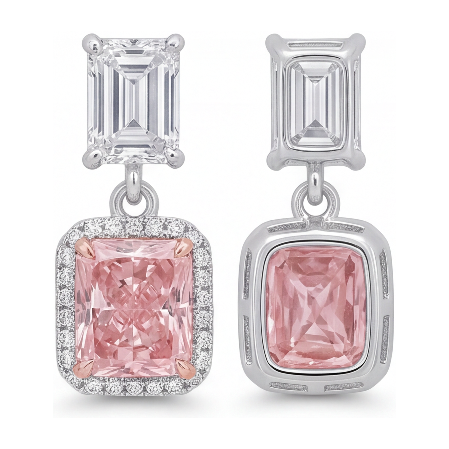 Ohrhänger mit rosa Diamanten, 5 Karat, im Labor gezüchtet, Radiantschliff-Halo, Smaragdschliff-Oberteile, 14 Karat Weißgold