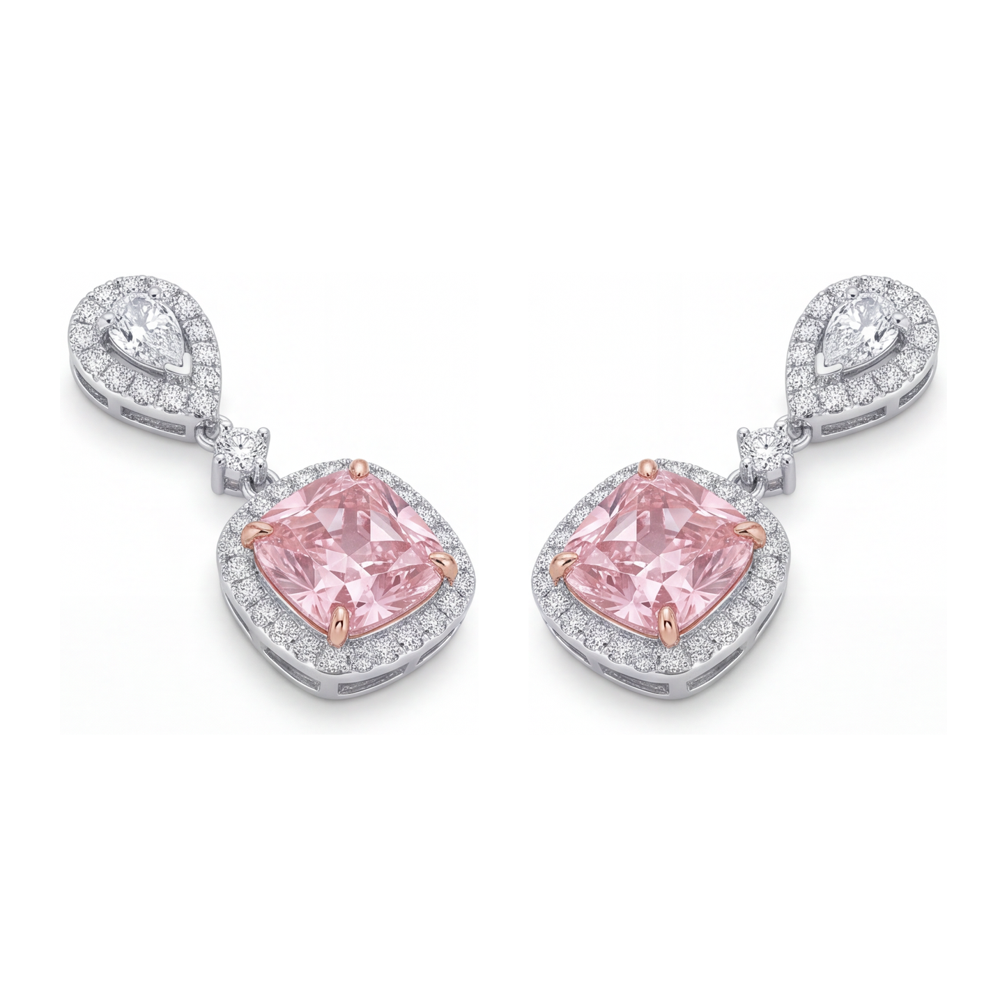 Ohrhänger mit rosa Diamanten, 5 Karat, im Labor gezüchtet, Kissen-Halo, Tropfenschliff-Oberteil, 14 Karat Weißgold