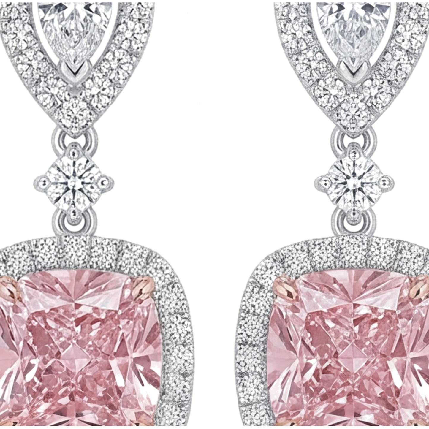 Ohrhänger mit rosa Diamanten, 5 Karat, im Labor gezüchtet, Kissen-Halo, Tropfenschliff-Oberteil, 14 Karat Weißgold
