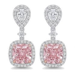 Ohrhänger mit rosa Diamanten, 5 Karat, im Labor gezüchtet, Kissen-Halo, Tropfenschliff-Oberteil, 14 Karat Weißgold