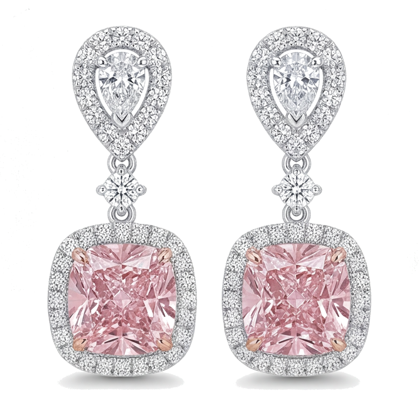 Ohrhänger mit rosa Diamanten, 5 Karat, im Labor gezüchtet, Kissen-Halo, Tropfenschliff-Oberteil, 14 Karat Weißgold